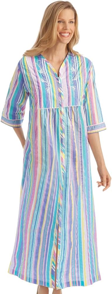 Collections Etc Pastel Striped Lounger with Zip Front and 3/4" Long Sleeves