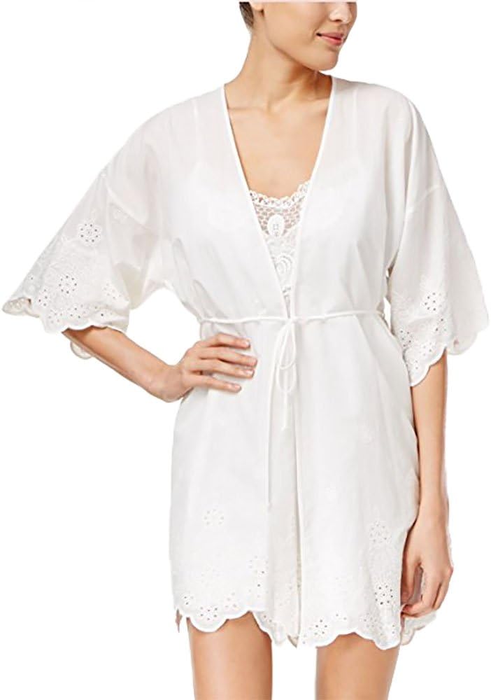 Womens Embroidered Elbow Sleeve Wrap Robe White S/M