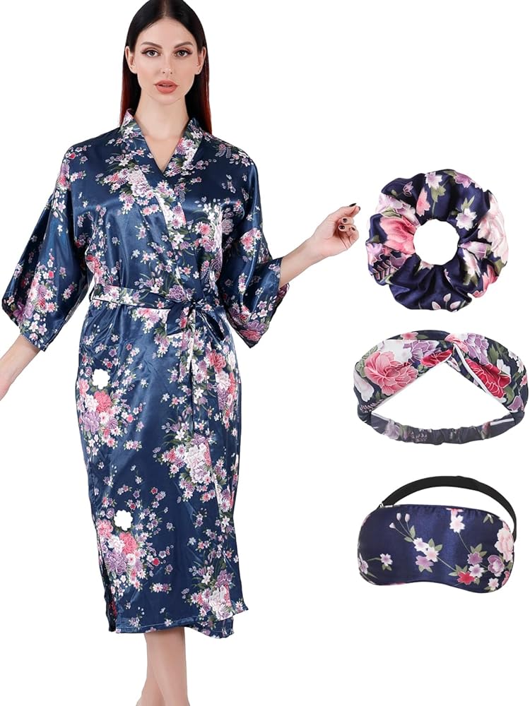 Women Silky Long Robes Bride Bridesmaid Satin Floral Kimono Bridal Party Peony-printed Sleepwear Lounge Wear