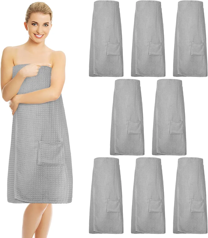 8 Pcs Waffle Body Bath Wrap for Women Knee Length Bath Towel Wrap with Pocket Adjustable Closure for Spa Shower (Grey)