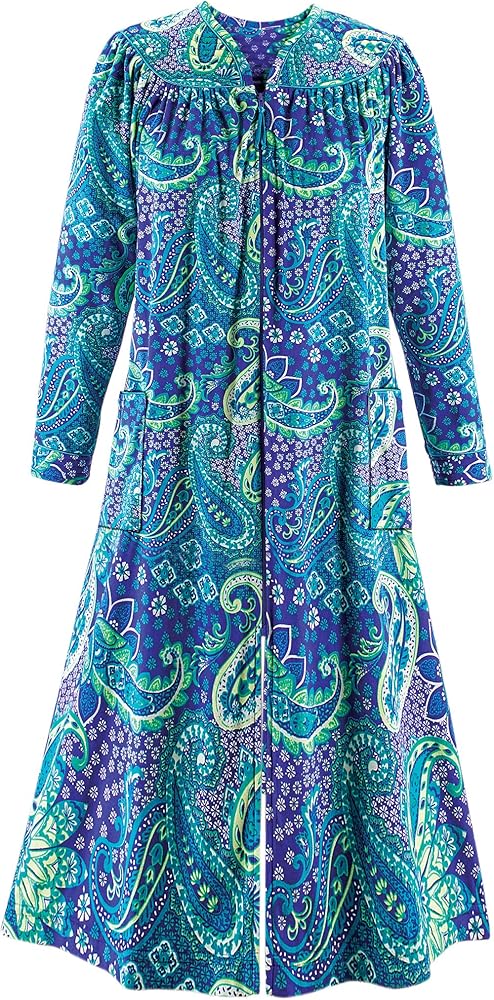 Collections Etc Women's Paisley Zip-Front Long-Sleeve Fleece Quilted Polyester Robe EMERALD LARGE