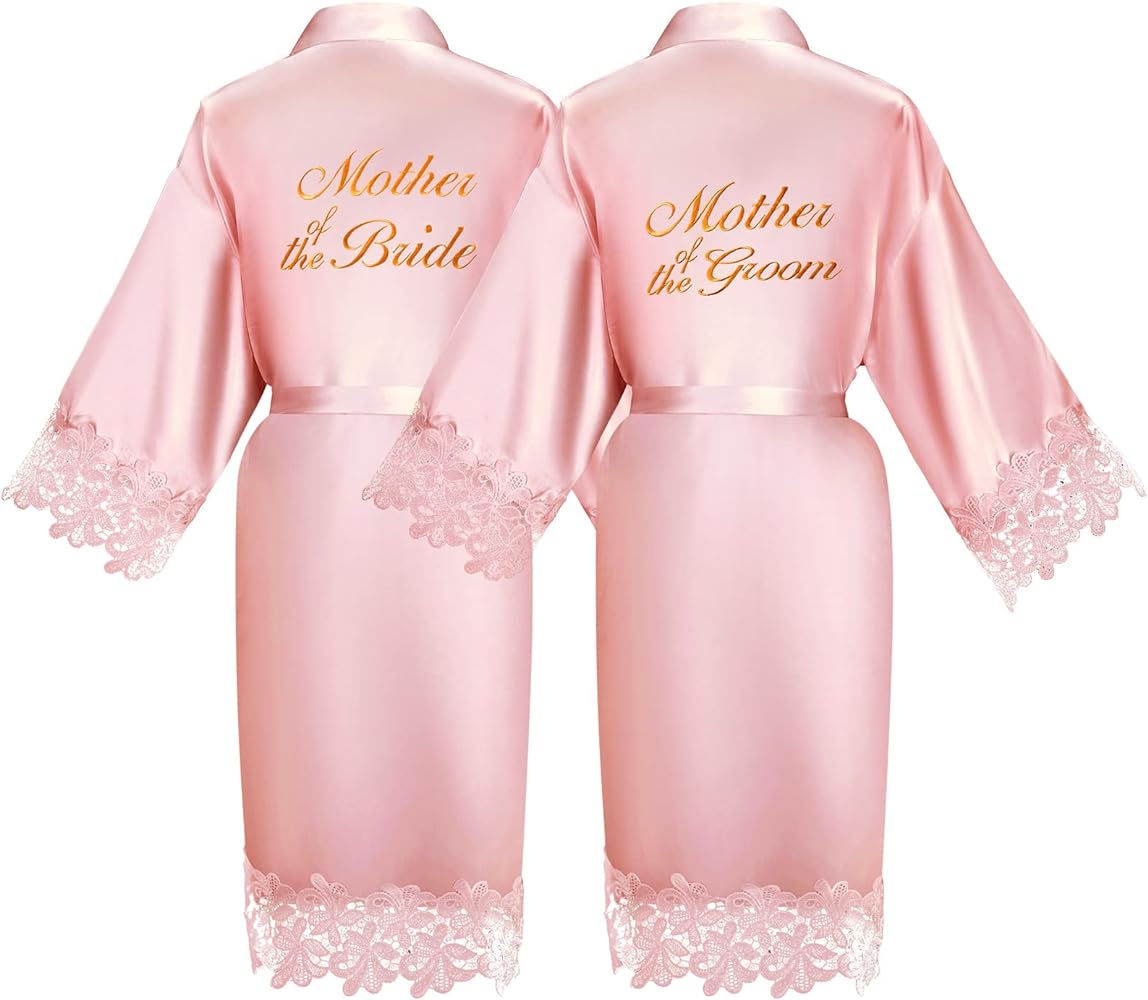 2 PCS Women Bridal Robe for Mother of The Bride Groom Satin Robes for Wedding Party Getting Ready Sleepwear Kimono (Pink, Embroidery Lace)