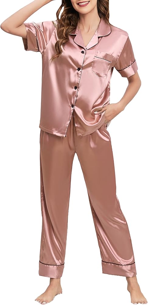 Satin Silk Pajama Set for Women Mens Short Sleeve Classic Sleepwear Couple Button Down Loungewear with Long Pants S-XXL