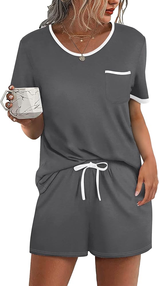 Ekouaer Pajama Set for Women 2 Piece Lounge Set Short Sleeve Tops and Shorts Soft Sleepwear, Chest Pocket