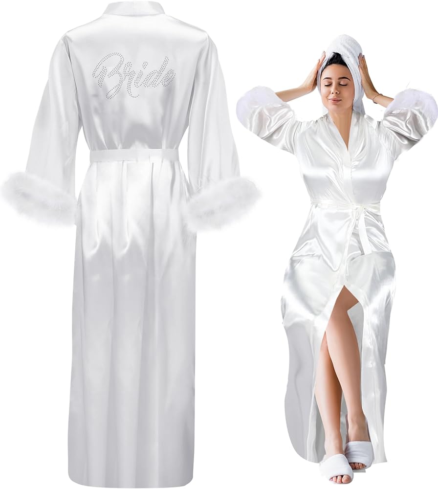 Bride Robe Satin Feather Robe Women Silk Kimono Robe with Ostrich Feather Trim Bridal Sleepwear for Wedding Party