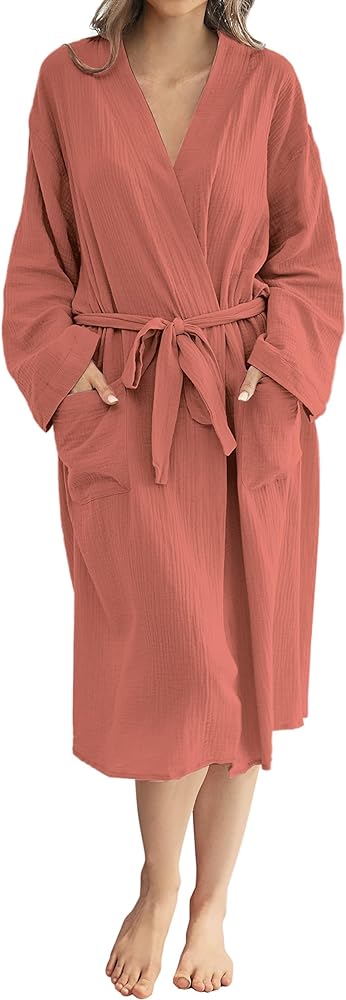 Betusline Robes for Women Cotton Gauze lightweight Kimono Robes for Women Solid Color Robes Knee Length, Brick Red