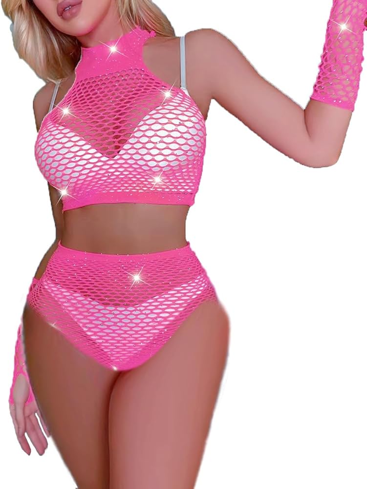 Lingerie Set Mesh Women's Fishnet Babydoll Pajamas Teddy Transparent Glitter Rhinestone Bodysuit for Beach Vacation