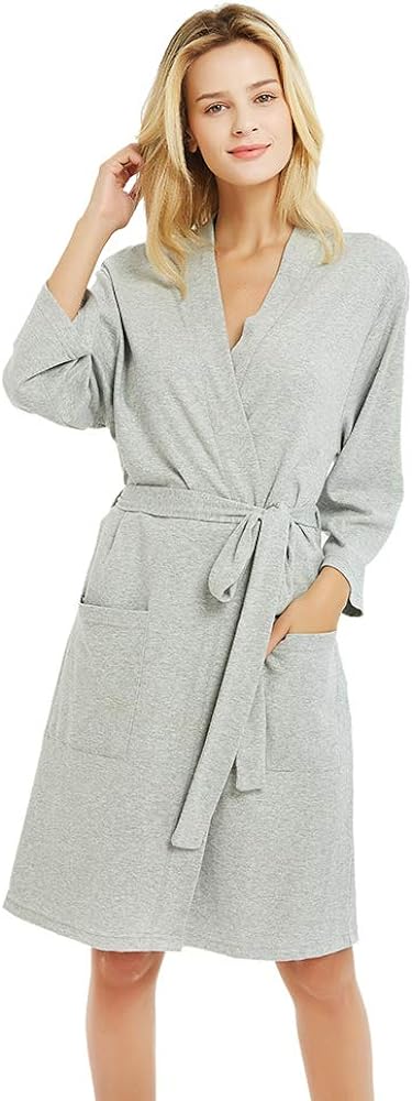 U2SKIIN Womens Robes, 100% Cotton Lightweight Robes 3/4 Sleeves Kimono Knit Soft Loungewear Short Bathrobe