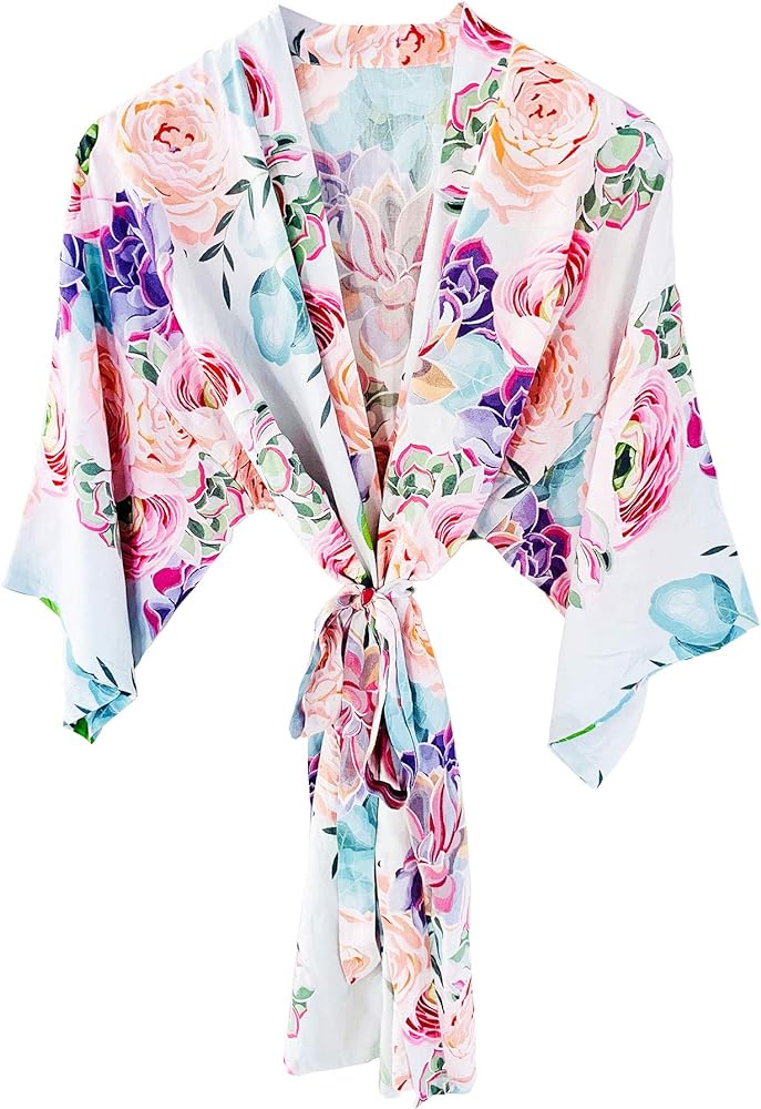 ModParty Floral Succulent Robe | Bride & Bridesmaid Getting Ready Robes | Soft Cotton Kimono | Colorful Flower Design | Wedding Day Essential | Women Lounge Wear