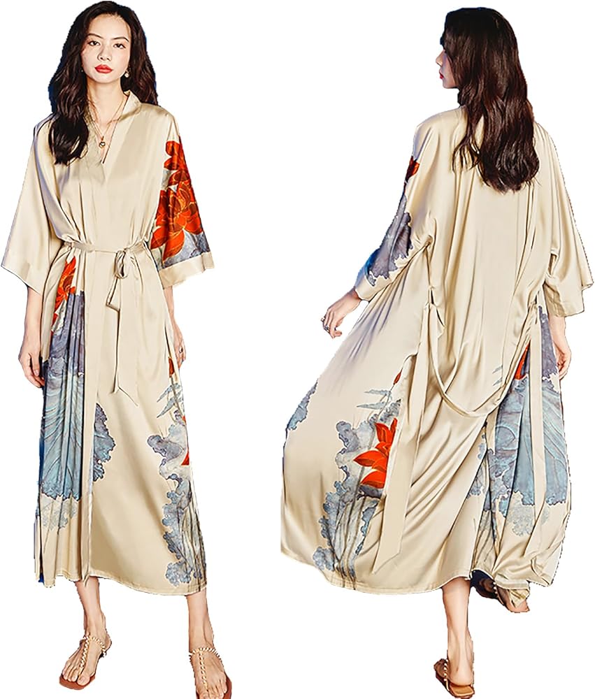 Women Luxury Robes Ice Silky V Neck Nightdress Soft Negligee Satin Pajamas Nightwear Lounge Kimono Nightgowns