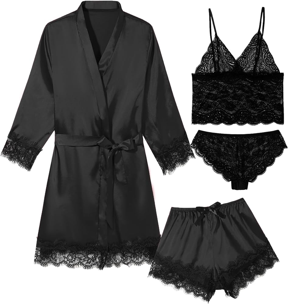 Womens Lingeries Silk Pajamas Robes Set 4Pcs Sexy Pjs Cami Shorts Satin Sleepwear Lace Loungewear