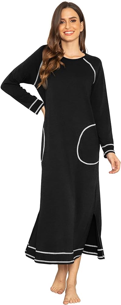 Ekouaer Women's Nightshirt Long Sleeve Nightgown Round Neck Sleepwear Full Length Pajama Dress with Pockets Loungewear S-XXL