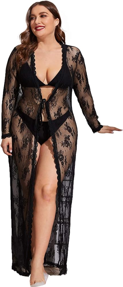 Verdusa Women's Plus Tie Knot Front Sheer Lace Sleepwear Long Robe Nightgown