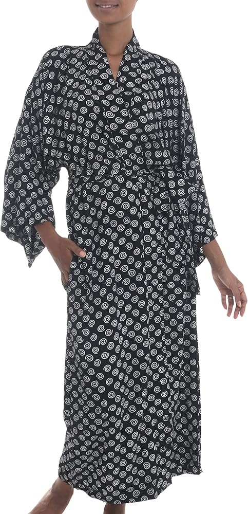 NOVICA Artisan Handmade Rayon Robe Black White from Indonesia Clothing Printed 'A Thousand Swirls'