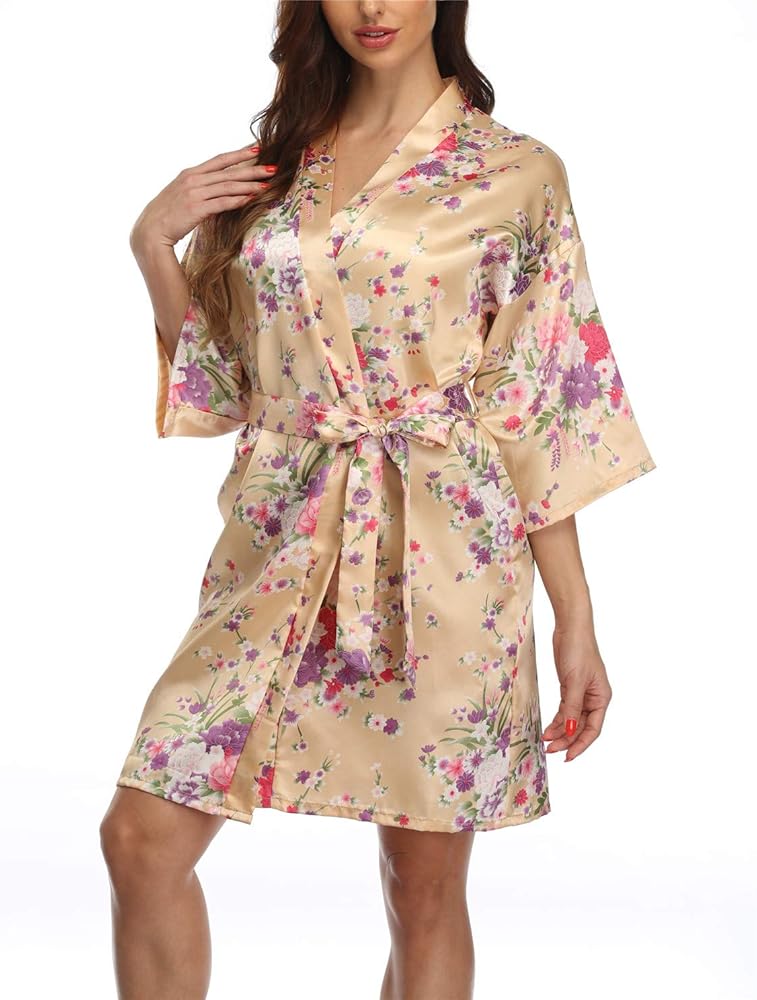 Women's Short Floral satin Kimono Robe Blossom Bathrobe for Wedding Party Bridal Dressing Gown Sleepwear