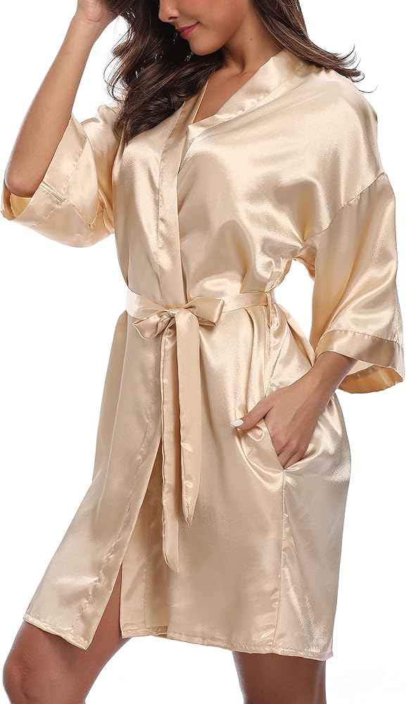 Women's Satin Kimono Robe Short Silky Bathrobe Sexy Bridal Lingerie Robes for Wedding Day