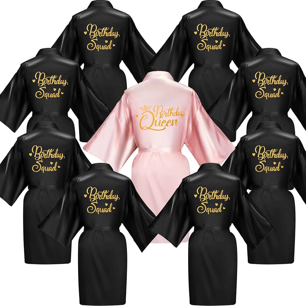 Newcotte 10 Pcs Women's Birthday Party Robes Silk Kimono Robe with Gold Glitter Squad Queen Satin Gown