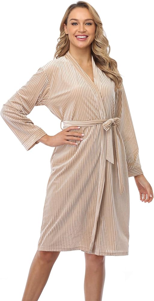 Women's Fleece Kimono Robe Short Plush Bathrobe Striped Velvet Spa Hotel Loungewear