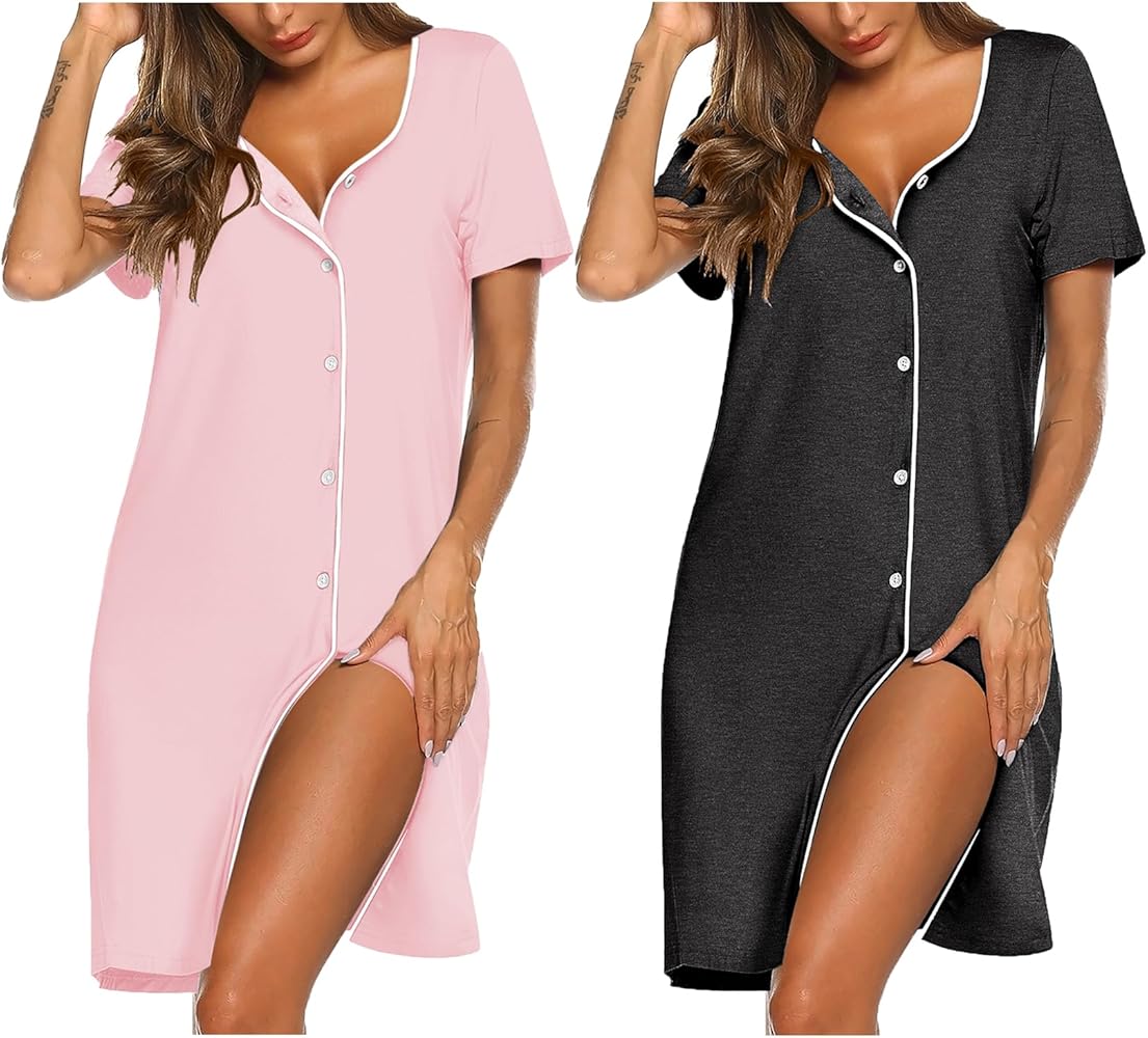 Ekouaer Nightgowns for Women 2 Pack Button Down Sleepshirt Short Sleeve Nightshirt Soft Sleepwear V Neck Pajama Dress