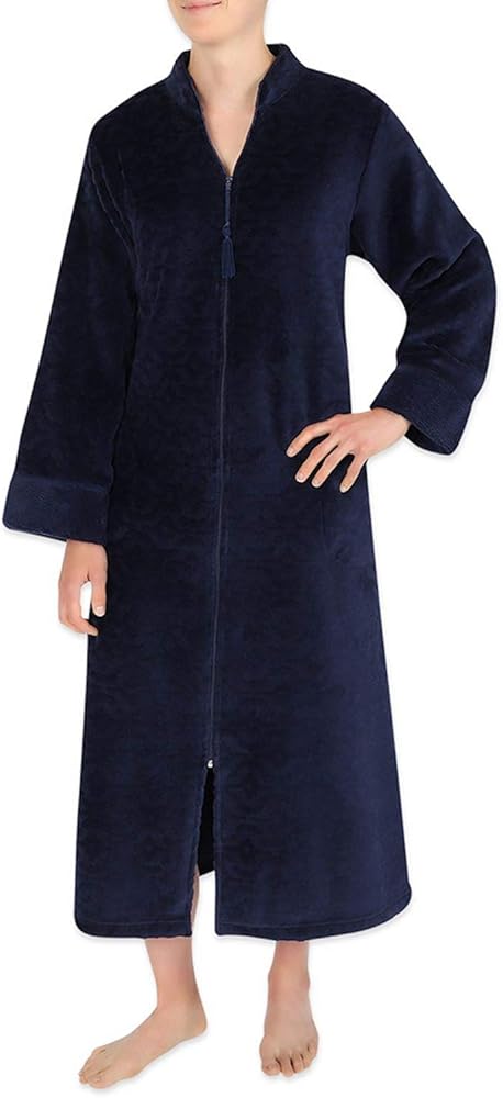 Miss Elaine Women's Long Fleece Robe, Long Sleeves and Zipper Front Closure, Collared Neck with Side Pockets