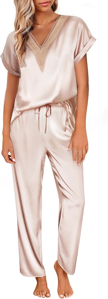 Ekouaer Womens Silk Pajamas Set Satin Pjs with Long Pants Short Sleeve Sleepwear Guipure V Neck Loungewear