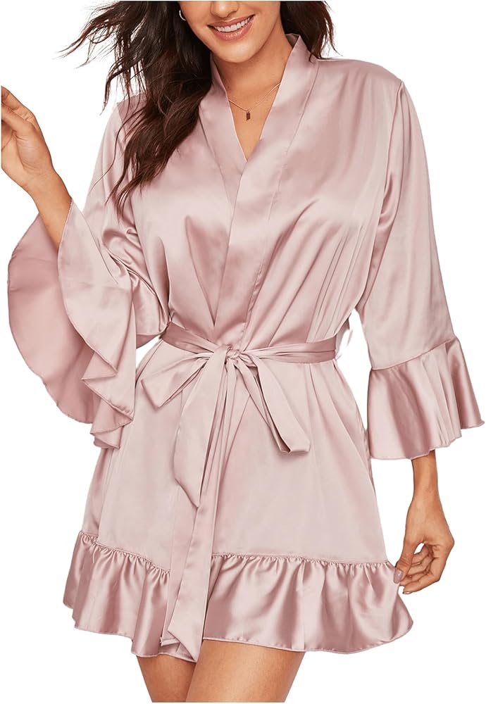 Floerns Women's Ruffle Hem Belted Satin Kimono Bridesmaids Robe