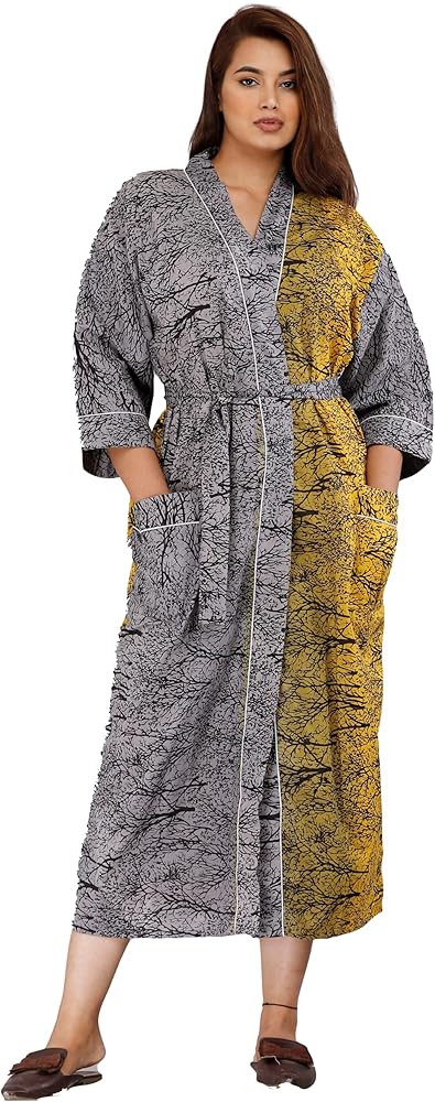 INDIAN CRAFT CASTLE ICC Womens Long Robes Plush Fleece Nightgown Cotton Free Size Bathrobe with Pockets Sleepwear for Women