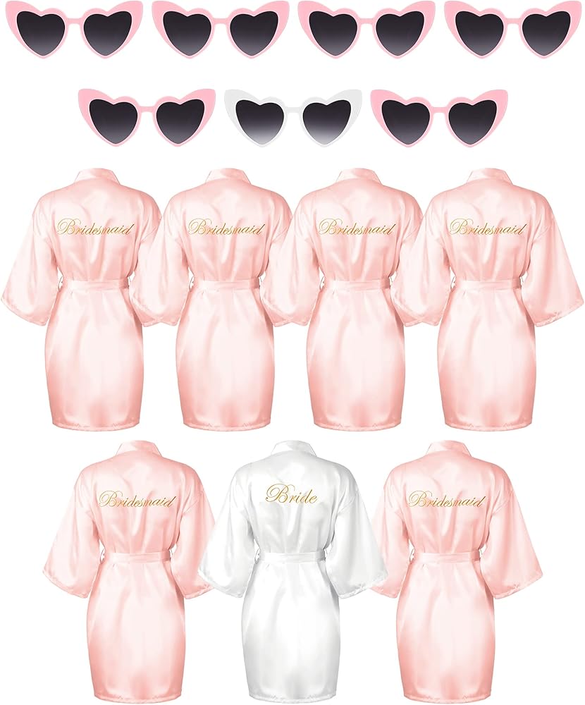 7 Pcs Bridesmaid Robe Sets Bachelorette Party Robe Silk Satin Robes with Heart Shaped Sunglasses Bridal Party Robe