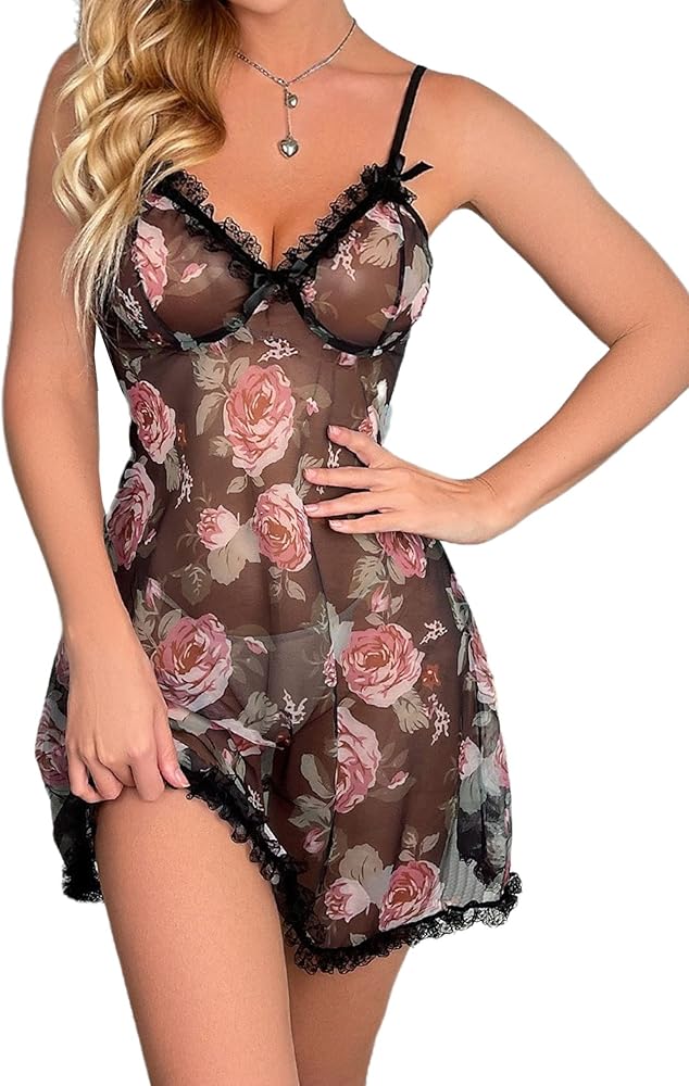 FLoral Print Babydoll Lingerie for Women Cami Nightdress Sexy Nightygowns Sleepwear Include Plus Size