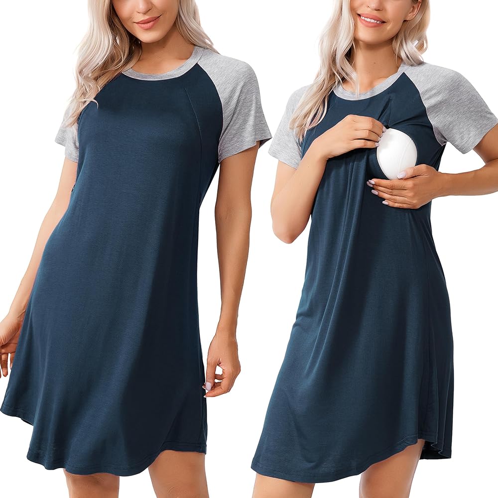 Women Sleepshirts 3 in 1 Labor/Maternity/Nursing Nightgown Short Sleeve Breastfeeding Sleep Dress XS-3XL