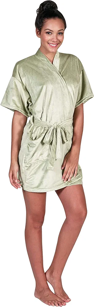 Cloud 9 Women's Plush Microfiber Short Sleeve Knee Length Robe, Kimono Style Wrap, Lightweight, Side Pockets, Waist Belt with Bi-Level Loops, 36 Inch Length, Sage