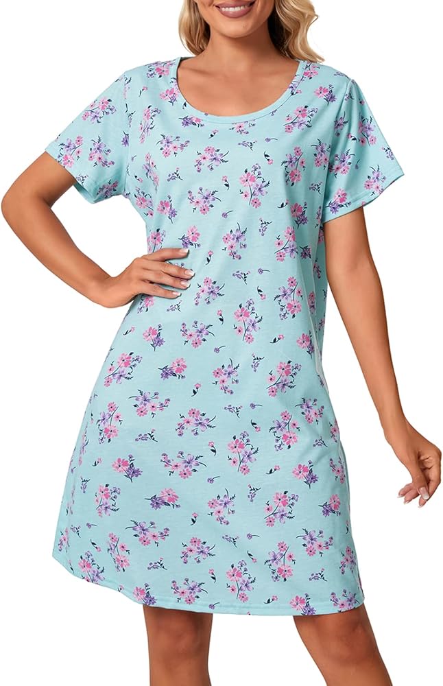 Tugege Women's Nightgowns Short Sleeve Sleepshirts Sleepwear Casual Print Pajama Dress