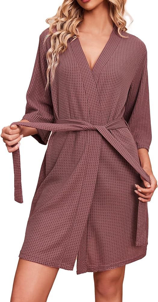 Ekouaer Robes for Women Waffle Knit Bathrobe Soft Lightweight Knee Length Loungewear S-XXL