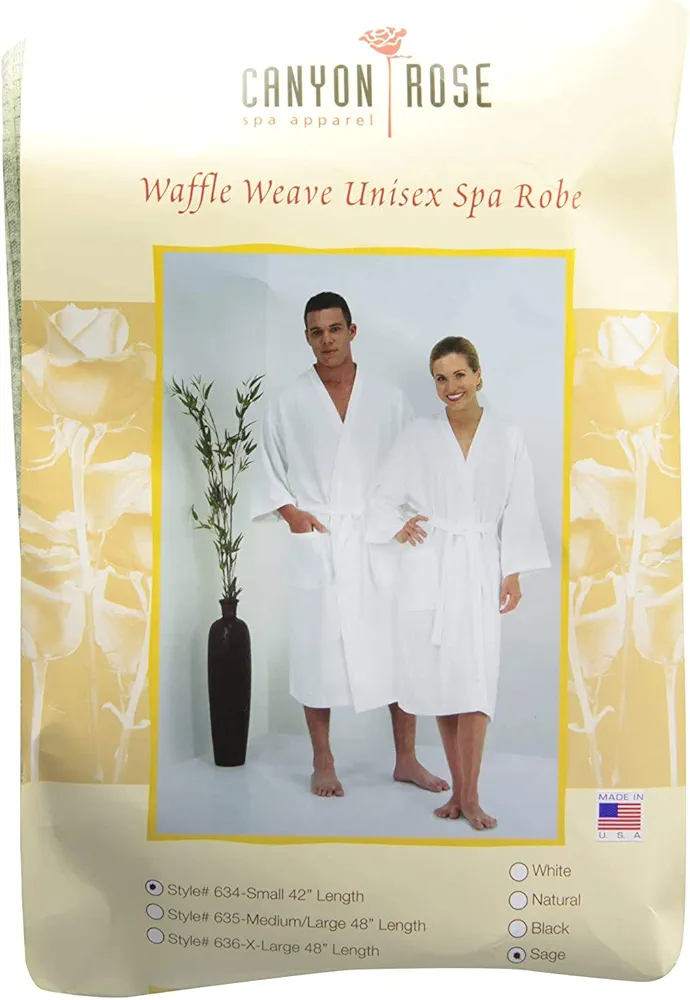 Unisex Waffle Weave Spa Robe, Kimono Style Wrap, Luxurious Waffle Weave Knit, Side Pockets, Waist Belt with Bi-level Belt Loops, Machine Washable, Sage, S