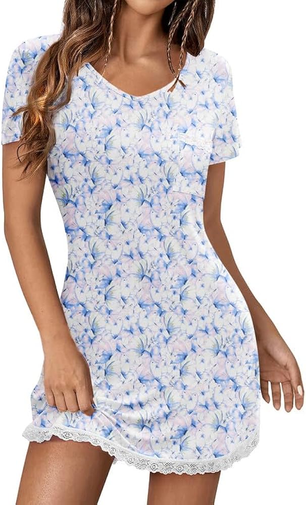 Ekouaer Women's Nightgown Sleepwear Soft Sleepshirt Short Sleeve Lace Trim Nightshirt Sexy Pajama Dress