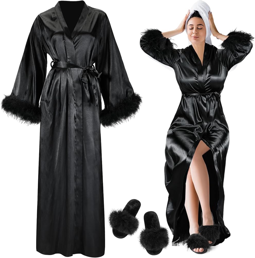 2 Pcs Satin Feather Robe and Fuzzy Slippers Bride Robe Long Silk Bath Robe for Women Wedding Bridesmaid