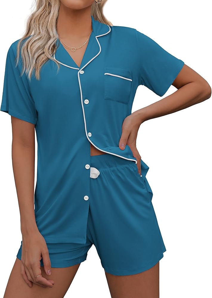 Ekouaer Pajamas Set for Women Short Sleeve Sleepwear Notch Collar Button Down Nightwear Soft Pjs Lounge Set