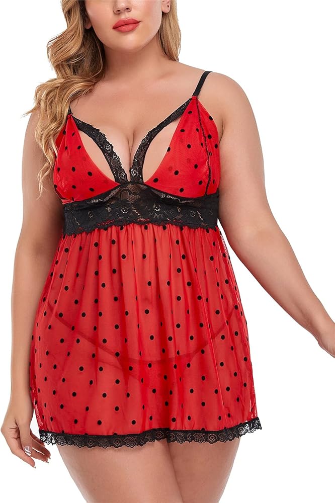 Women's Plus Size Lingerie Red Babydoll Lace Split Cup Sleepwear Chemise Set