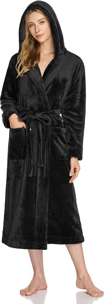 CQR Women's Fleece Long Robes, Soft Fluffy Sleepwear Robe, Hooded/Shawl Collar Wrap Bathrobe