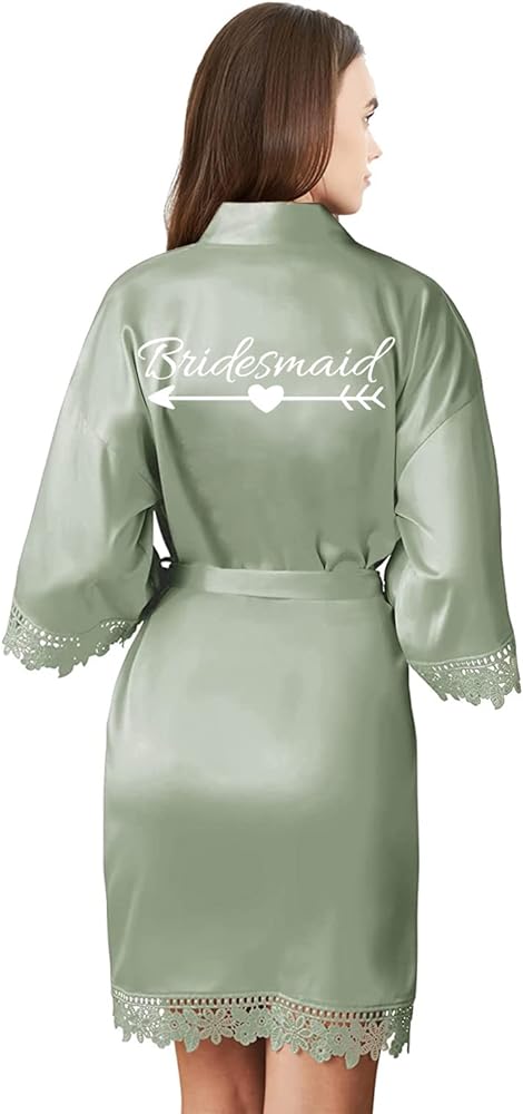 Sage Women's Satin Robe Lace Trim Kimono Robes Silk Bathrobe Bridesmaid Robes Wedding Party Loungewear Sleepwear