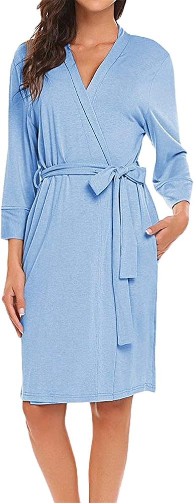 Andongnywell Women's Lightweight Kimono Robe Soft Cotton Bathrobe Pocket Longsleeve Lady Loungewear Nightshirt