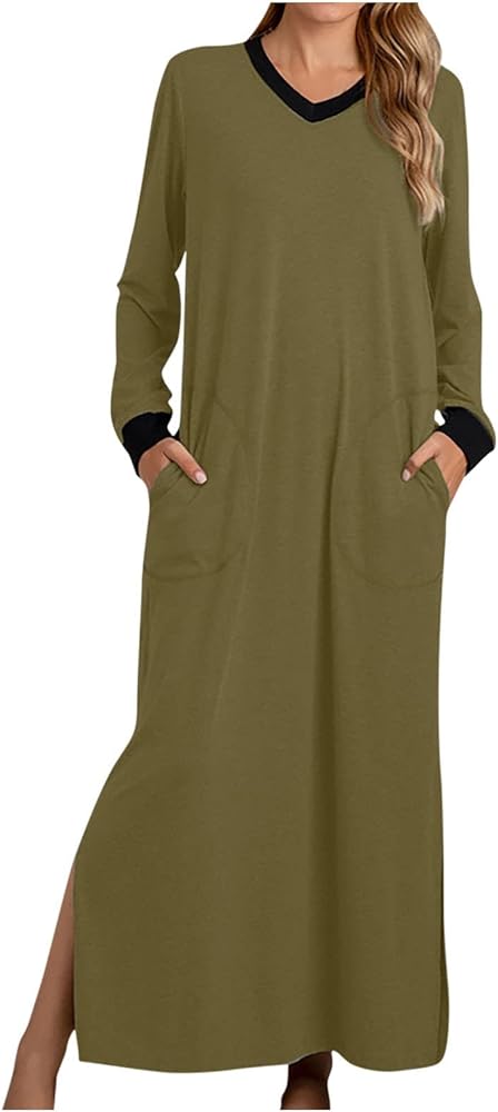 Lounge Nightdress Womens Long Sleeve Fashion Color Block Side Split Maxi Nightgown with Pockets Comfy Kaftan Dress