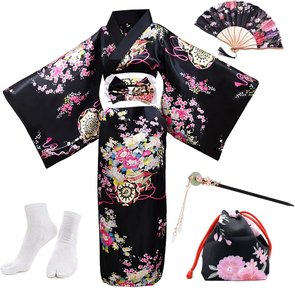 PLULON 5Pcs Japanese Robe Geisha Yukata Dress Blossom Satin Bathrobe