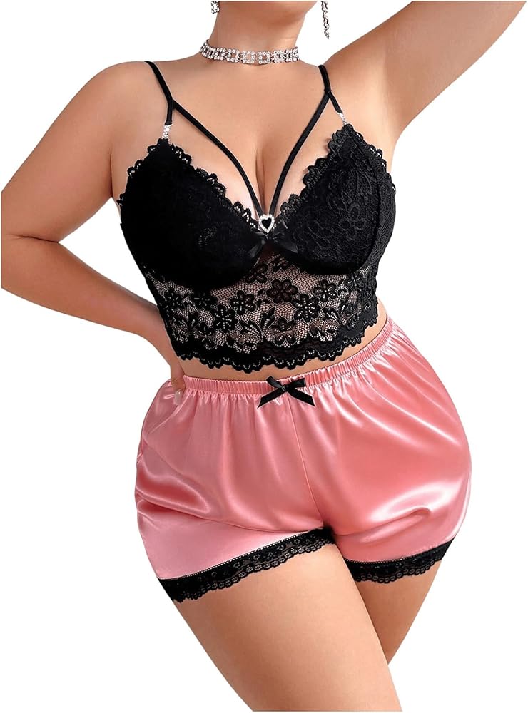 SOLY HUX Women's Plus Size Pajamas Set Satin Lace Trim Sleepwear Camisole Shorts Lingerie 2 Piece Pjs