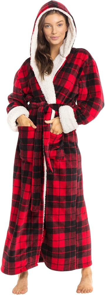 Alexander Del Rossa Sherpa Robes for Women Long, Womens Robes Long Hooded Bathrobes for Women, Plus Size Robe