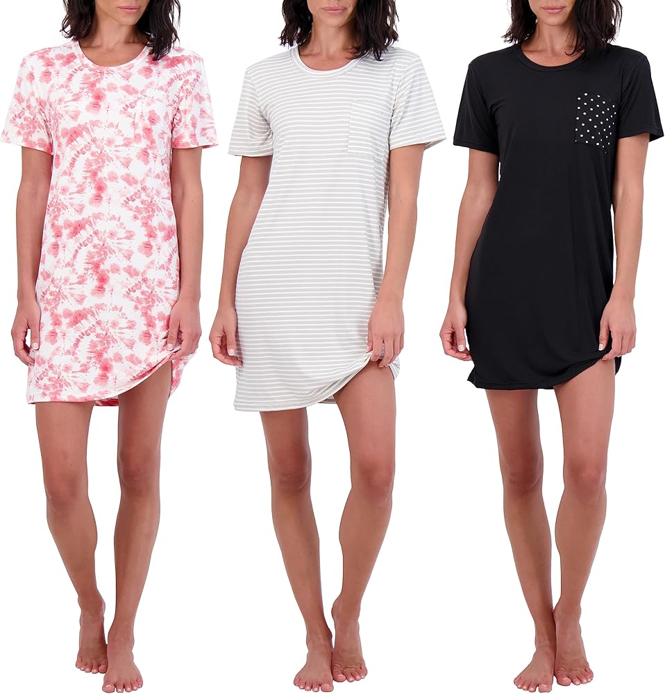 Real Essentials 3 Pack: Women's Nightshirt Short Sleeve Soft Nightgown Sleep Dress With Pocket (Available In Plus Size)