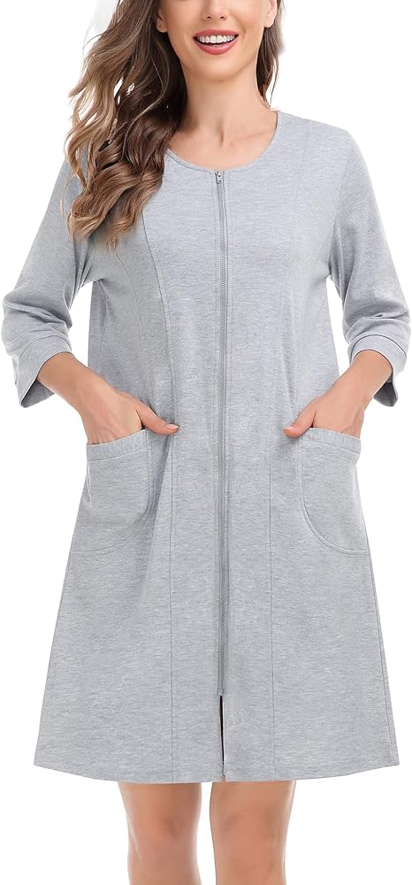 SWOMOG Women Zip Up Robe 3/4 Sleeve Housecoat Soft Cotton Zipper Front Nightgown Loungewear with Pockets