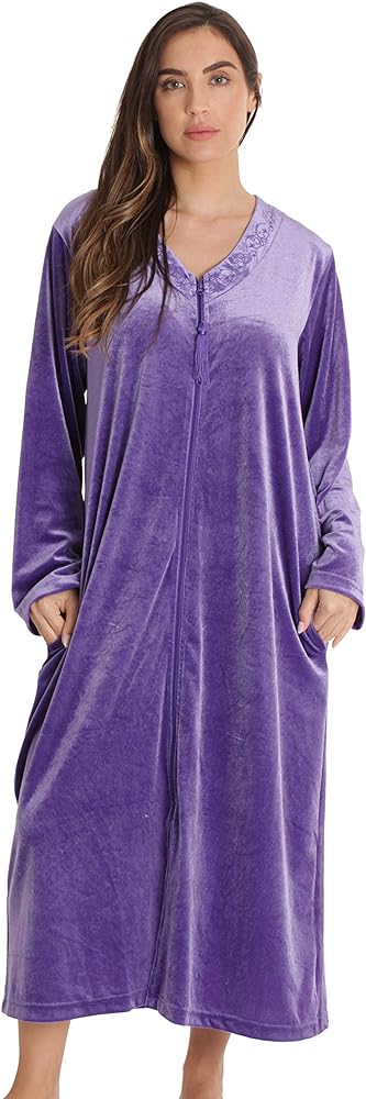 Just Love Stretch Velour Embroidered Zipper Lounger Robe for Women with Pockets