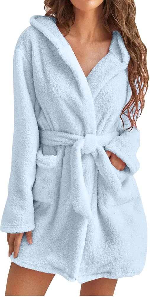 Womens Fashion Fuzzy Robe Mid Length Bathrobe Belted Solid Color Plush Robes Soft With Pockets