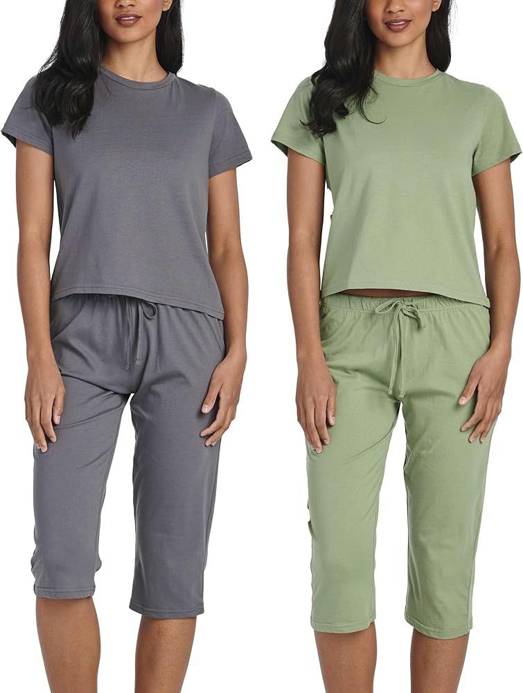 Real Essentials 2 Pack:Women's Cotton Pajamas Short Sleeve Tops and Capri Pants Pjs Sets with Pockets (Available In Plus)